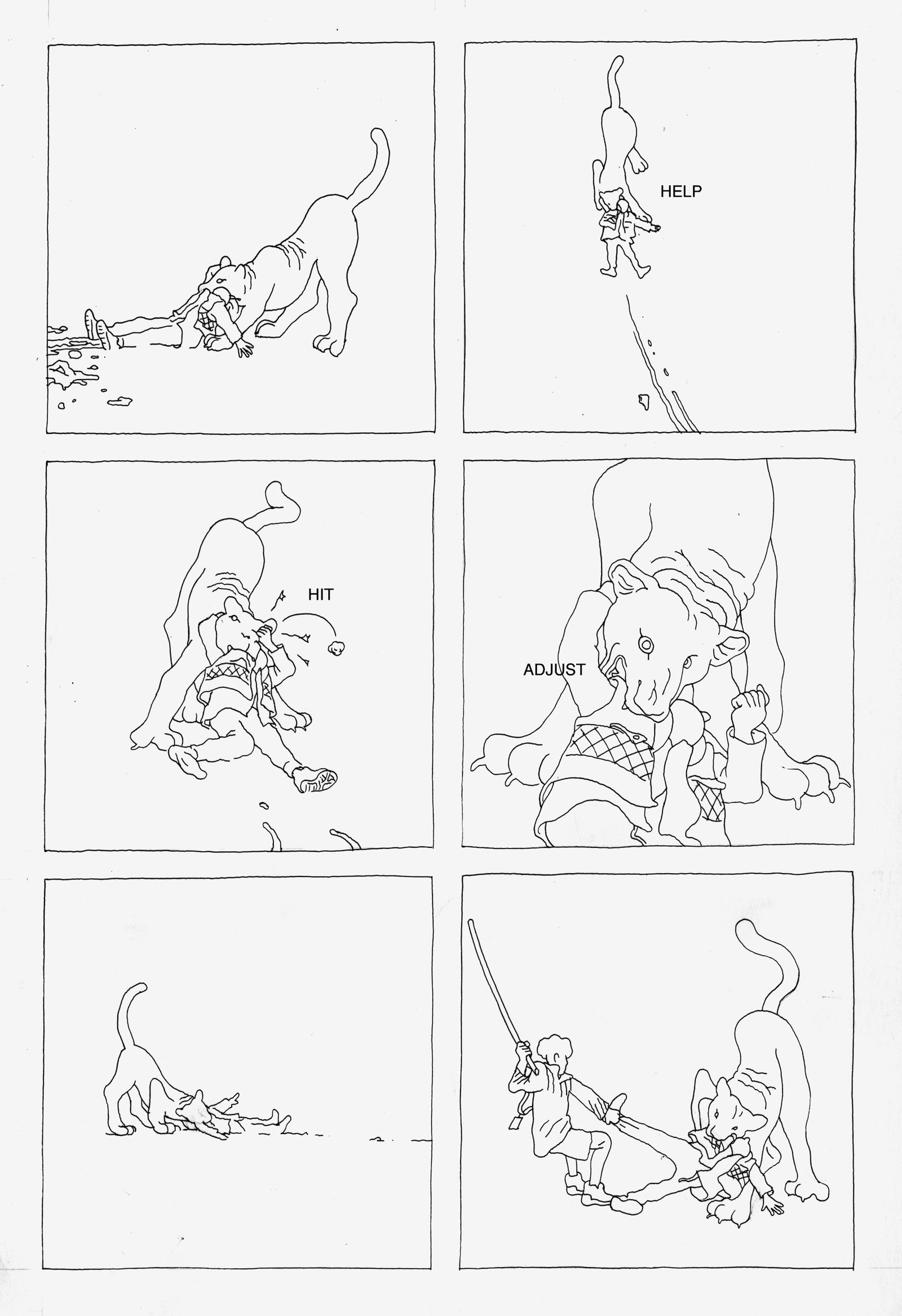 A six-panel comic strip with black line-work drawings on cream paper showing an anthropomorphic cat and human figures in dynamic, physical interactions.